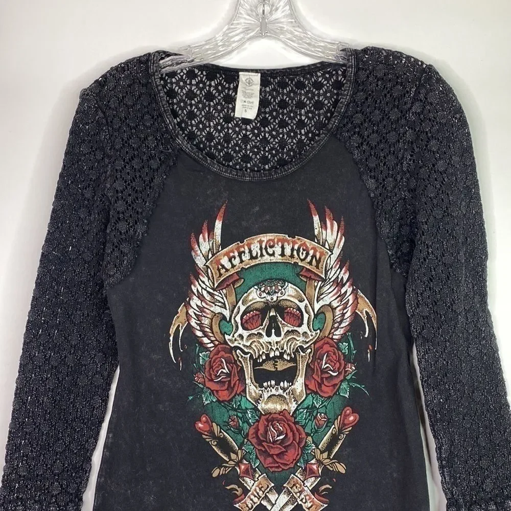 Affliction Screaming Roses Skull Shirt Size Small - Picture 2 of 7